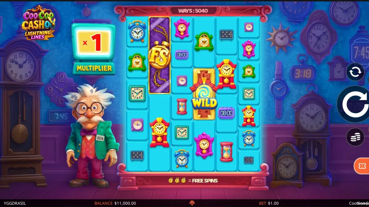 Tampilan antarmuka slot Coo Coo Cashoo dengan tema bengkel jam