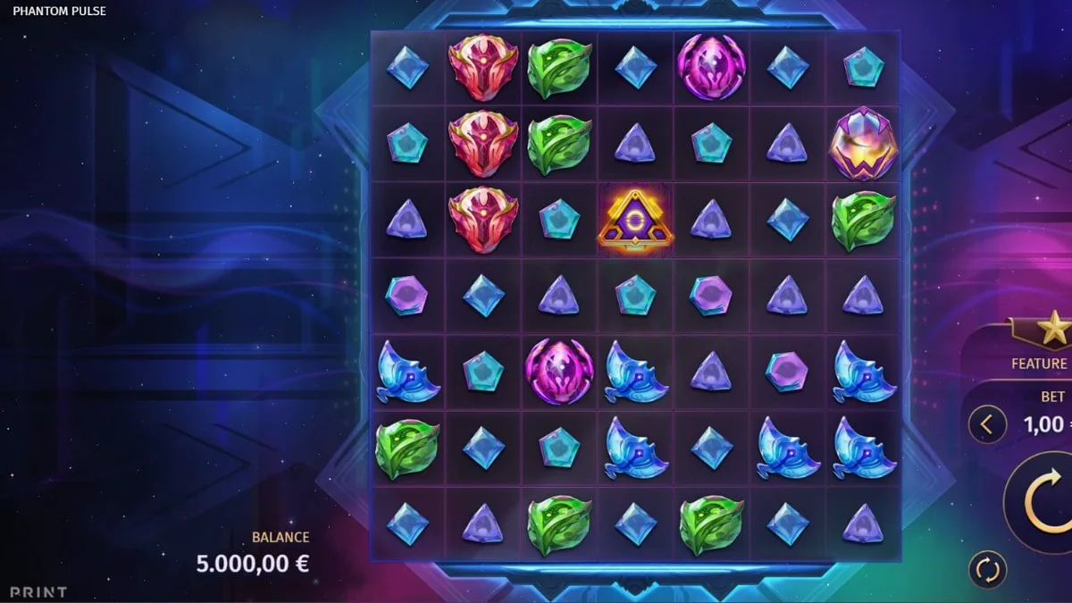 Tampilan visual slot Phantom Pulse dengan tema kosmik dan grid futuristik