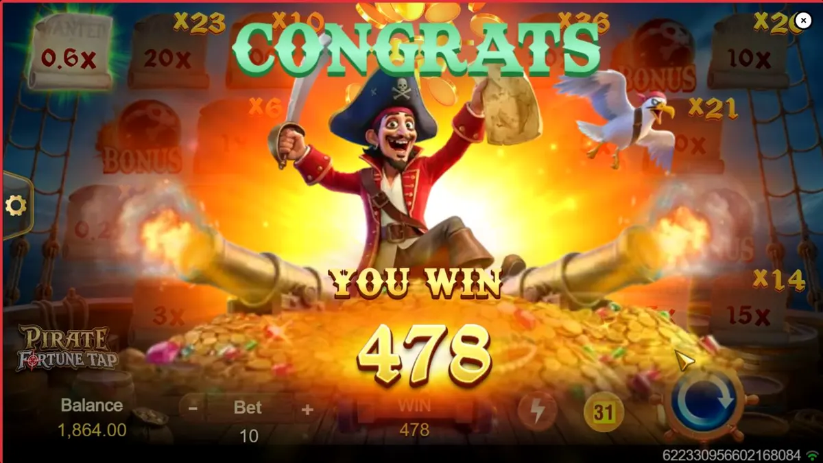 Tampilan antarmuka permainan Pirate Fortune Tap di layar ponsel pintar