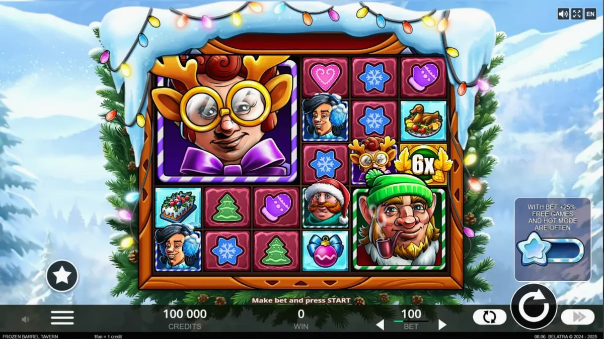 Tampilan visual slot Frozen Barrel Tavern dengan tema kedai musim dingin yang meriah